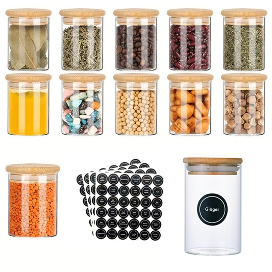 12 Pcs Round Spice Jars With Bamboo Lids And Stickers, Glass Storage Jars, Candy Jars, Coffee Jars, Salt Jars, Pepper Jars, Tea Jars