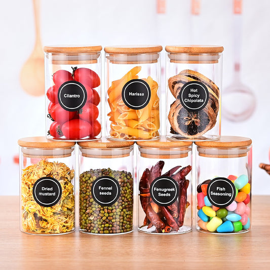 12 Pcs Round Spice Jars With Bamboo Lids And Stickers, Glass Storage Jars, Candy Jars, Coffee Jars, Salt Jars, Pepper Jars, Tea Jars