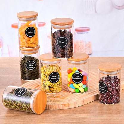 12 Pcs Round Spice Jars With Bamboo Lids And Stickers, Glass Storage Jars, Candy Jars, Coffee Jars, Salt Jars, Pepper Jars, Tea Jars