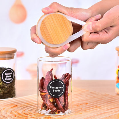 12 Pcs Round Spice Jars With Bamboo Lids And Stickers, Glass Storage Jars, Candy Jars, Coffee Jars, Salt Jars, Pepper Jars, Tea Jars