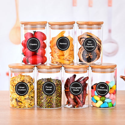 12 Pcs Round Spice Jars With Bamboo Lids And Stickers, Glass Storage Jars, Candy Jars, Coffee Jars, Salt Jars, Pepper Jars, Tea Jars