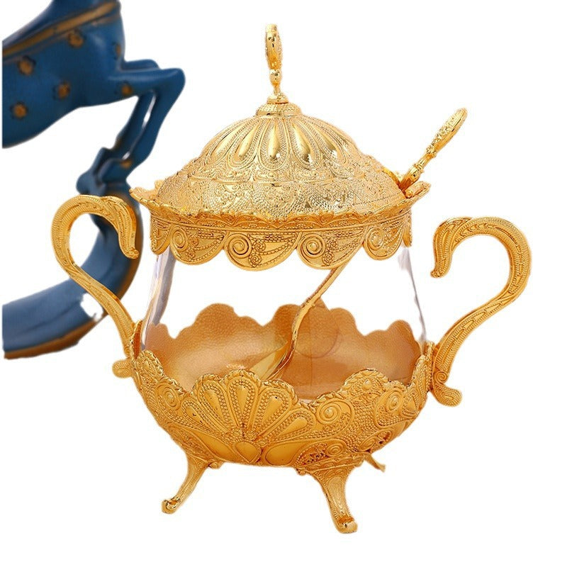 Household Spice Jar Gold Large Sealed Moisture Proof Glass Piggy Jar with Lid Piggy Jar High-end Luxury High Value Sugar Jar