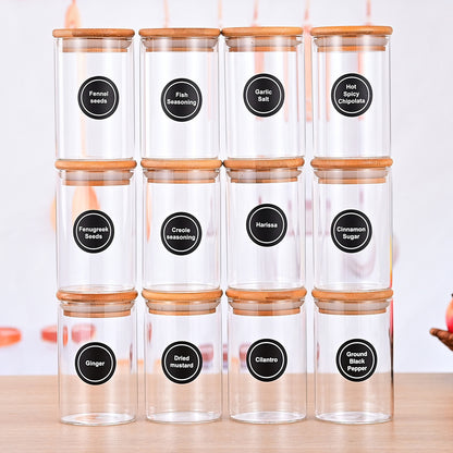 12 Pcs Round Spice Jars With Bamboo Lids And Stickers, Glass Storage Jars, Candy Jars, Coffee Jars, Salt Jars, Pepper Jars, Tea Jars